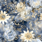 navy blue, dusty blue, cream, ivory, gold, beige, floral pattern, roses, daisies, sunflowers, botanical design, layered flowers, leaves, branches, watercolor style, soft blending, romantic mood,, fabric panel, seamless repeat