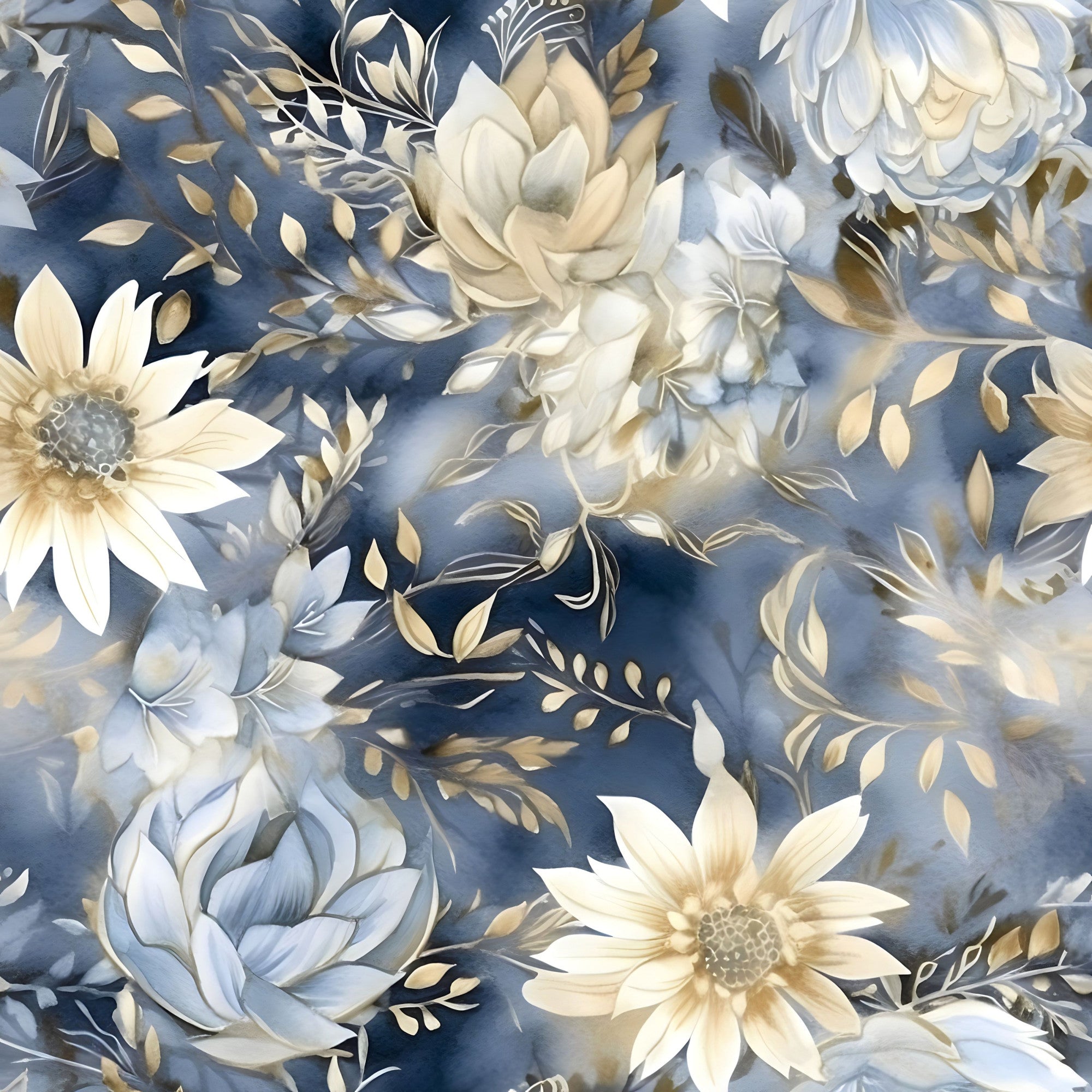 navy blue, dusty blue, cream, ivory, gold, beige, floral pattern, roses, daisies, sunflowers, botanical design, layered flowers, leaves, branches, watercolor style, soft blending, romantic mood,, fabric panel, seamless repeat
