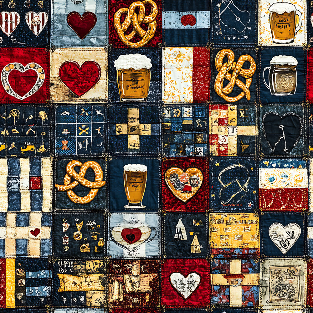 navy blue, cream, red, gold, heart, pretzel, beer mug, vintage, bavarian, german, traditional, rustic, folk art, patchwork, quilt, striped, geometric, celestial, stars, buildings, architecture, whimsical, retro, heritage, cultural, old world, nostalgic, beer garden, oktoberfest, european