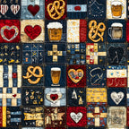 navy blue, cream, red, gold, heart, pretzel, beer mug, vintage, bavarian, german, traditional, rustic, folk art, patchwork, quilt, striped, geometric, celestial, stars, buildings, architecture, whimsical, retro, heritage, cultural, old world, nostalgic, beer garden, oktoberfest, european