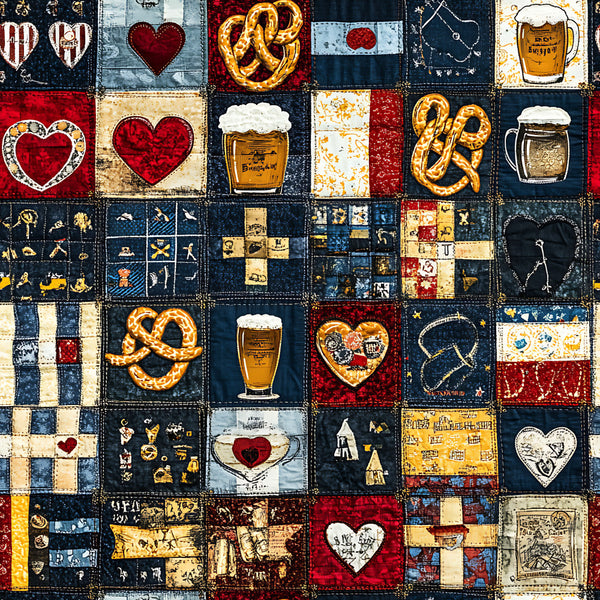navy blue, cream, red, gold, heart, pretzel, beer mug, vintage, bavarian, german, traditional, rustic, folk art, patchwork, quilt, striped, geometric, celestial, stars, buildings, architecture, whimsical, retro, heritage, cultural, old world, nostalgic, beer garden, oktoberfest, european
