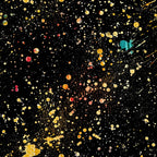 black background, gold splatter, paint drops, abstract pattern, cosmic design, starry night, metallic accents, red spots, turquoise details, orange splatters, yellow circles, white dots, celestial theme, space motif, glitter effect,, fabric panel, modern art, contemporary design, galaxy pattern