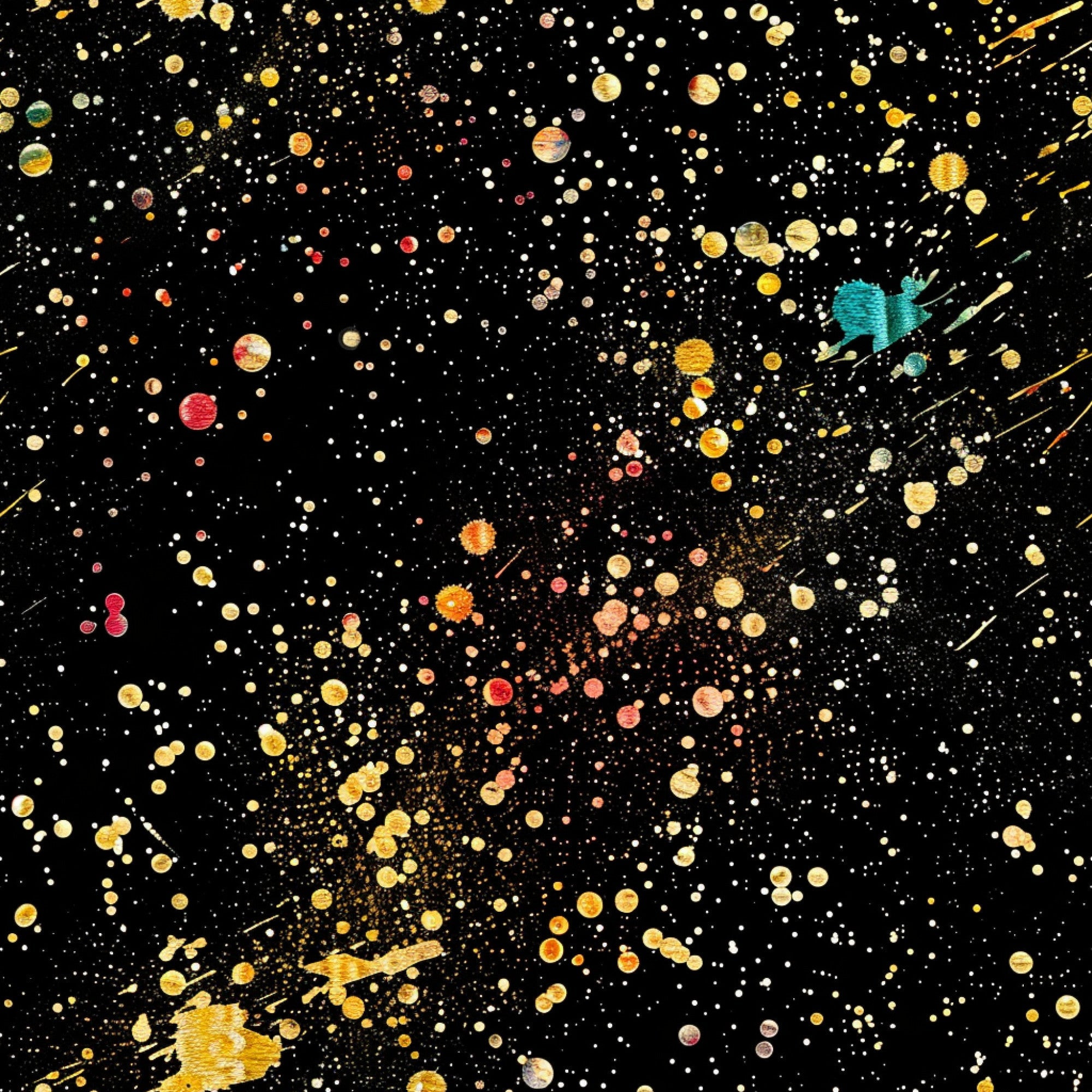 black background, gold splatter, paint drops, abstract pattern, cosmic design, starry night, metallic accents, red spots, turquoise details, orange splatters, yellow circles, white dots, celestial theme, space motif, glitter effect,, fabric panel, modern art, contemporary design, galaxy pattern