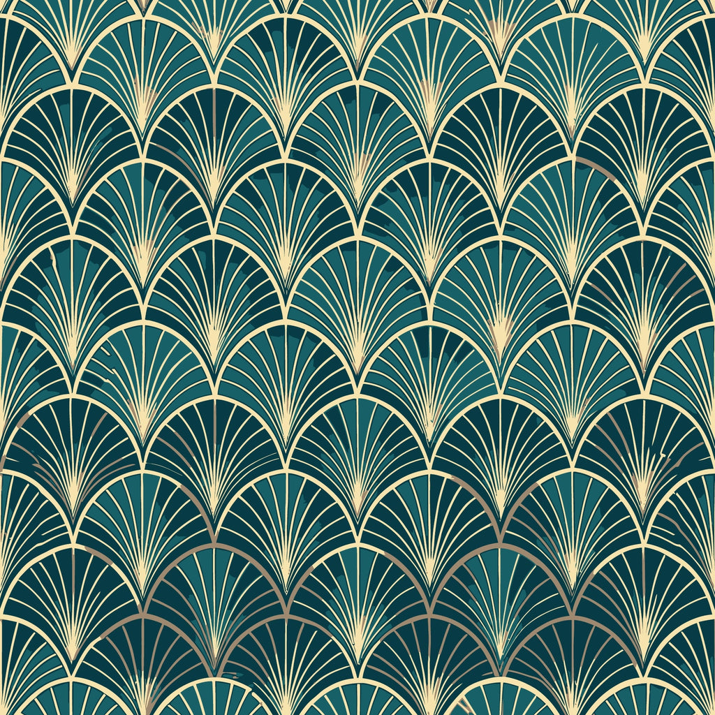 teal green, gold, cream, art deco, fan pattern, scalloped motifs, geometric design, radiating lines, repetitive pattern, vintage style, elegant, sophisticated,, fabric panel, luxurious, ornamental, peacock feathers, shell pattern, 1920s inspired, decorative motifs