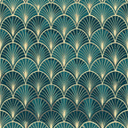 teal green, gold, cream, art deco, fan pattern, scalloped motifs, geometric design, radiating lines, repetitive pattern, vintage style, elegant, sophisticated,, fabric panel, luxurious, ornamental, peacock feathers, shell pattern, 1920s inspired, decorative motifs