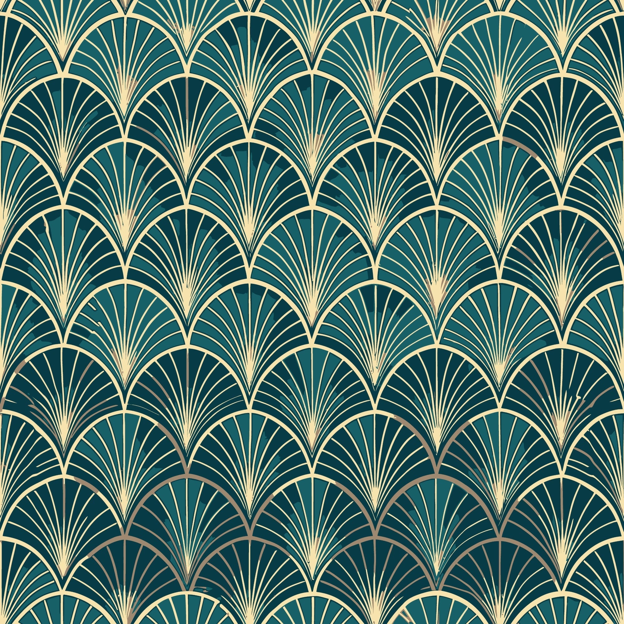 teal green, gold, cream, art deco, fan pattern, scalloped motifs, geometric design, radiating lines, repetitive pattern, vintage style, elegant, sophisticated,, fabric panel, luxurious, ornamental, peacock feathers, shell pattern, 1920s inspired, decorative motifs