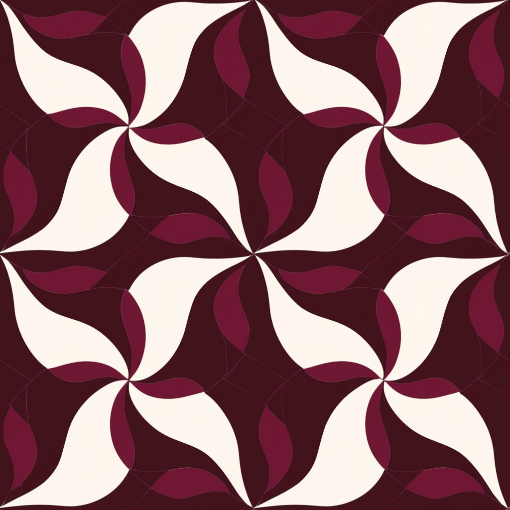 burgundy, maroon, cream, ivory, abstract pattern, geometric design, swirl motif, pinwheel pattern, curved shapes, flowing lines,, fabric panel, seamless repeat, radiating design, circular motifs, warm tones, contemporary style, modern geometric, overlapping curves, decorative pattern
