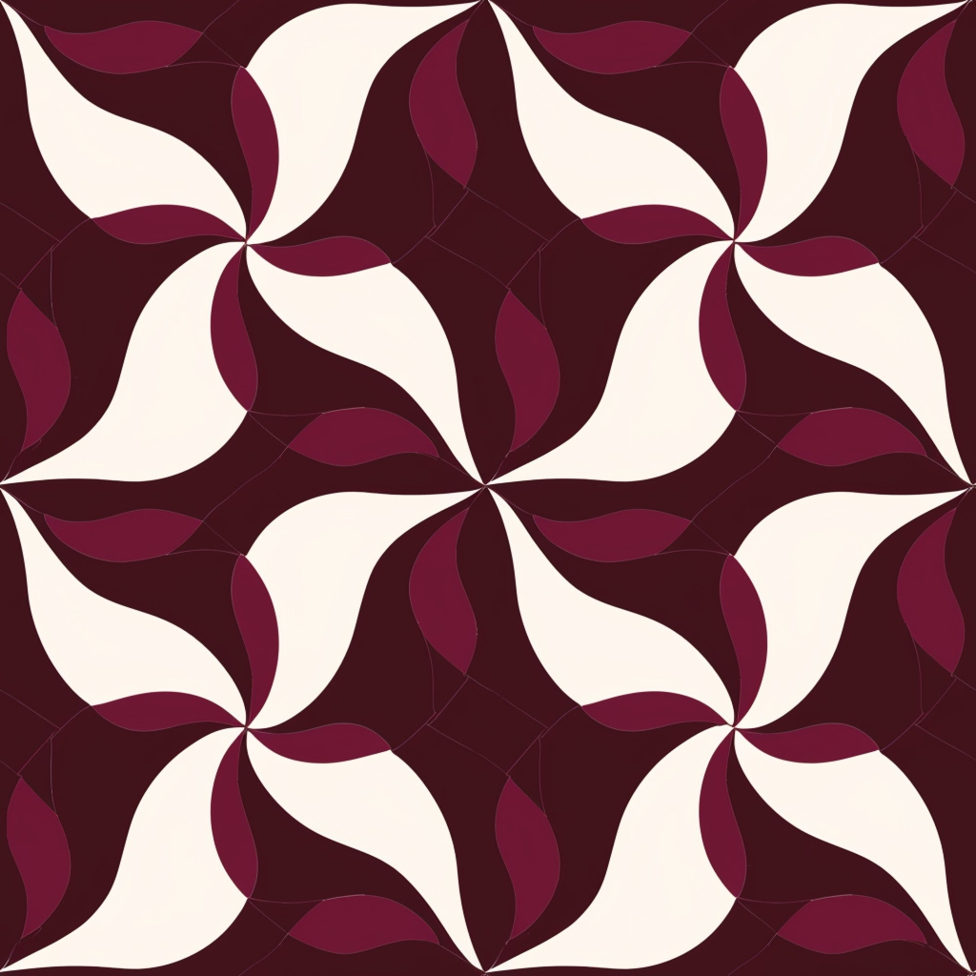 burgundy, maroon, cream, ivory, abstract pattern, geometric design, swirl motif, pinwheel pattern, curved shapes, flowing lines,, fabric panel, seamless repeat, radiating design, circular motifs, warm tones, contemporary style, modern geometric, overlapping curves, decorative pattern