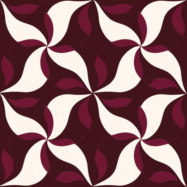 burgundy, maroon, cream, ivory, abstract pattern, geometric design, swirl motif, pinwheel pattern, curved shapes, flowing lines,, fabric panel, seamless repeat, radiating design, circular motifs, warm tones, contemporary style, modern geometric, overlapping curves, decorative pattern