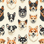 dog faces, canine heads, pet portraits, orange, black, white, cream, brown, geometric pattern, repeating design, animal faces, dog breeds,, fabric panel, illustration style, pet theme, modern art, stylized animals, craft fabric, sewing material
