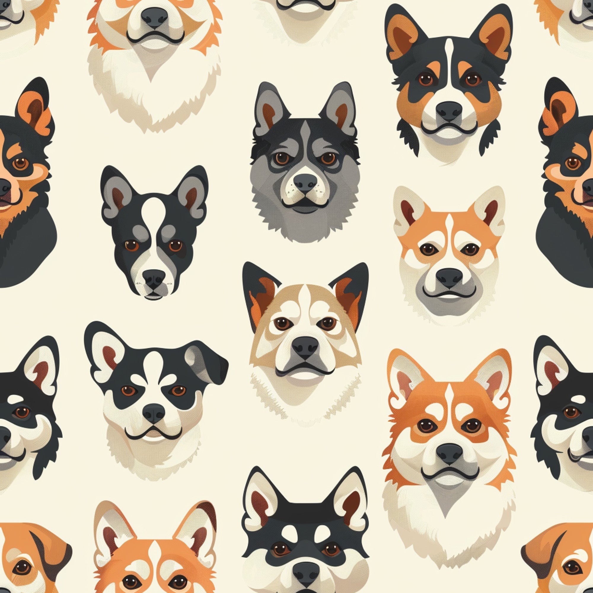 dog faces, canine heads, pet portraits, orange, black, white, cream, brown, geometric pattern, repeating design, animal faces, dog breeds,, fabric panel, illustration style, pet theme, modern art, stylized animals, craft fabric, sewing material