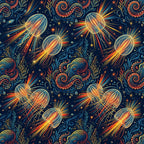 navy blue, deep blue, golden yellow, orange, coral red, teal, celestial, space, jellyfish, ocean, nautical, whimsical, fantasy, magical, stars, bioluminescent, glowing, ethereal, dreamy, underwater, sea creatures, octopus, modern, vibrant, bold, decorative, cosmic, night sky, marine life, children's