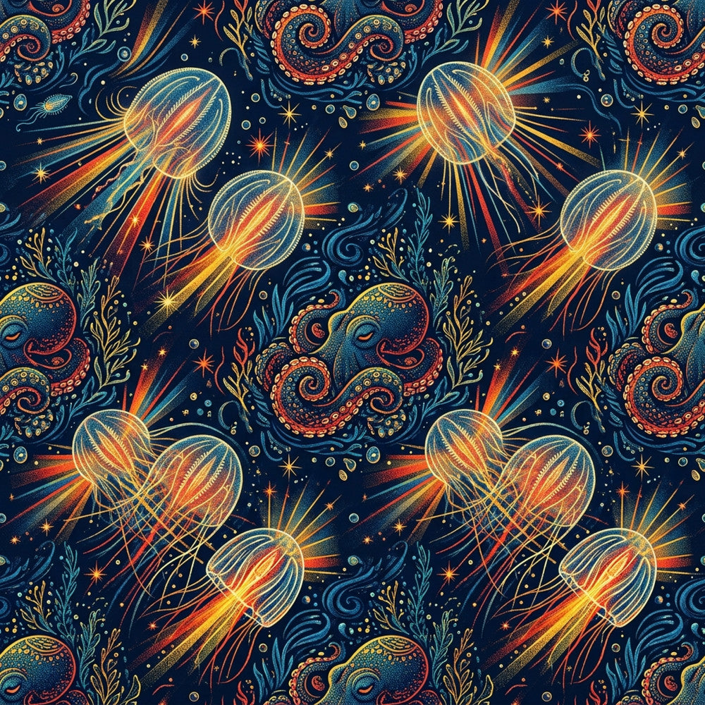navy blue, deep blue, golden yellow, orange, coral red, teal, celestial, space, jellyfish, ocean, nautical, whimsical, fantasy, magical, stars, bioluminescent, glowing, ethereal, dreamy, underwater, sea creatures, octopus, modern, vibrant, bold, decorative, cosmic, night sky, marine life, children's