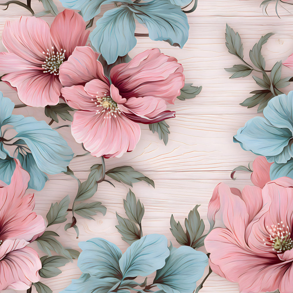 soft pink flowers, light blue flowers, sage green leaves, floral pattern, botanical print, cottage core, vintage floral, spring flowers, summer garden, pastel colors, blush pink, powder blue, dusty rose, nature theme, garden flowers, elegant style, whimsical design, romantic style, decorative flowers, petal details, stamen details, traditional floral, soft aesthetic, nursey decor, baby shower, kids room, spring theme, romantic florals, garden theme