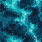 turquoise, teal, navy blue, aqua, lightning bolts, thunderstorm, storm clouds, dramatic sky, electric patterns,, fabric panel, weather theme, atmospheric, moody, tempest, electrical discharge, stormy weather, nature elements, blue tones, meteorological