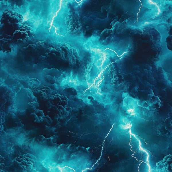 turquoise, teal, navy blue, aqua, lightning bolts, thunderstorm, storm clouds, dramatic sky, electric patterns,, fabric panel, weather theme, atmospheric, moody, tempest, electrical discharge, stormy weather, nature elements, blue tones, meteorological