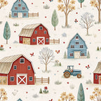farm scene, farmhouse, red barn, blue house, countryside, rural, tractor, tractors, barn, barns, trees, flowers, daisies, hearts, apples, pastoral, whimsical, vintage, rustic, children's, kids, playroom, nursery, cream background, beige background, red, blue, green, golden yellow, autumn