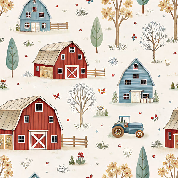 farm scene, farmhouse, red barn, blue house, countryside, rural, tractor, tractors, barn, barns, trees, flowers, daisies, hearts, apples, pastoral, whimsical, vintage, rustic, children's, kids, playroom, nursery, cream background, beige background, red, blue, green, golden yellow, autumn