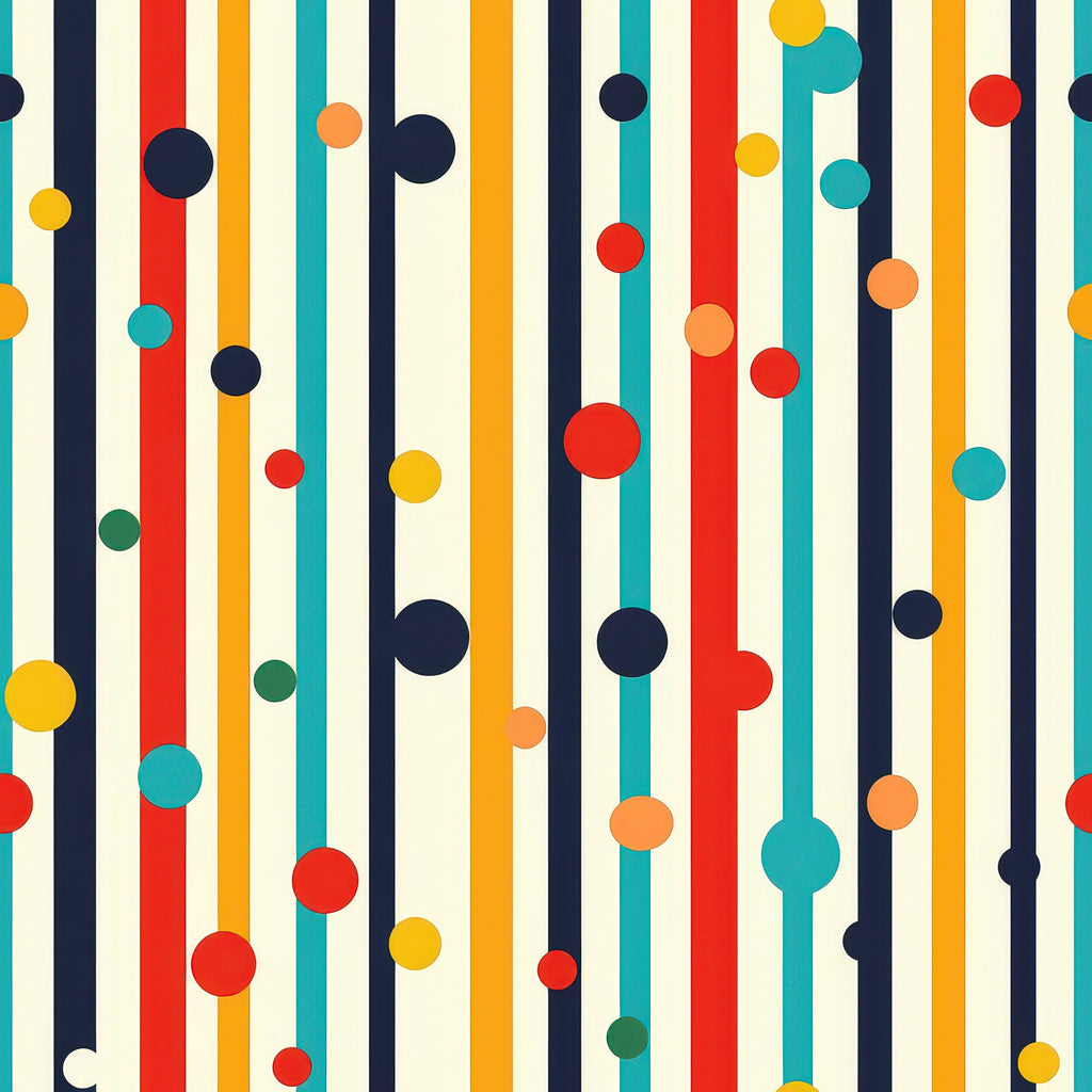 colorful stripes, polka dots, geometric pattern, vertical lines, red, orange, yellow, teal, navy blue, green, cream background, modern design, abstract pattern,, fabric panel, contemporary style, vibrant colors, playful design, circular elements, striped motif