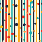 colorful stripes, polka dots, geometric pattern, vertical lines, red, orange, yellow, teal, navy blue, green, cream background, modern design, abstract pattern,, fabric panel, contemporary style, vibrant colors, playful design, circular elements, striped motif