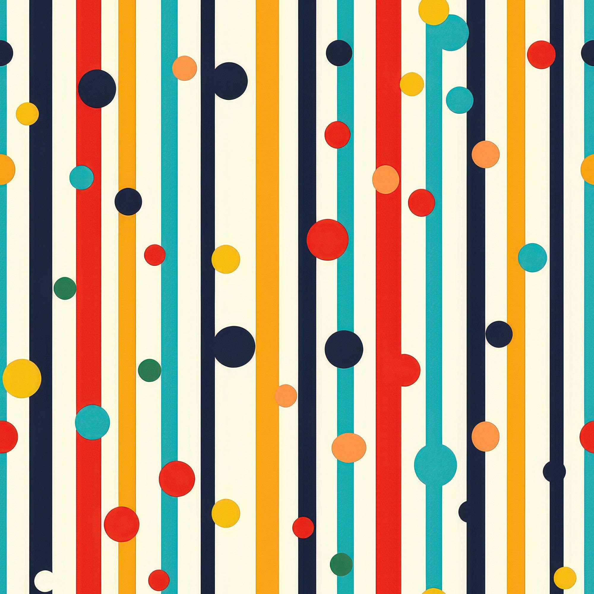 colorful stripes, polka dots, geometric pattern, vertical lines, red, orange, yellow, teal, navy blue, green, cream background, modern design, abstract pattern, quilting cotton, fabric panel, contemporary style, vibrant colors, playful design, circular elements, striped motif