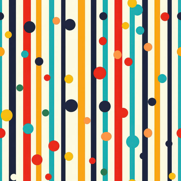 colorful stripes, polka dots, geometric pattern, vertical lines, red, orange, yellow, teal, navy blue, green, cream background, modern design, abstract pattern,, fabric panel, contemporary style, vibrant colors, playful design, circular elements, striped motif