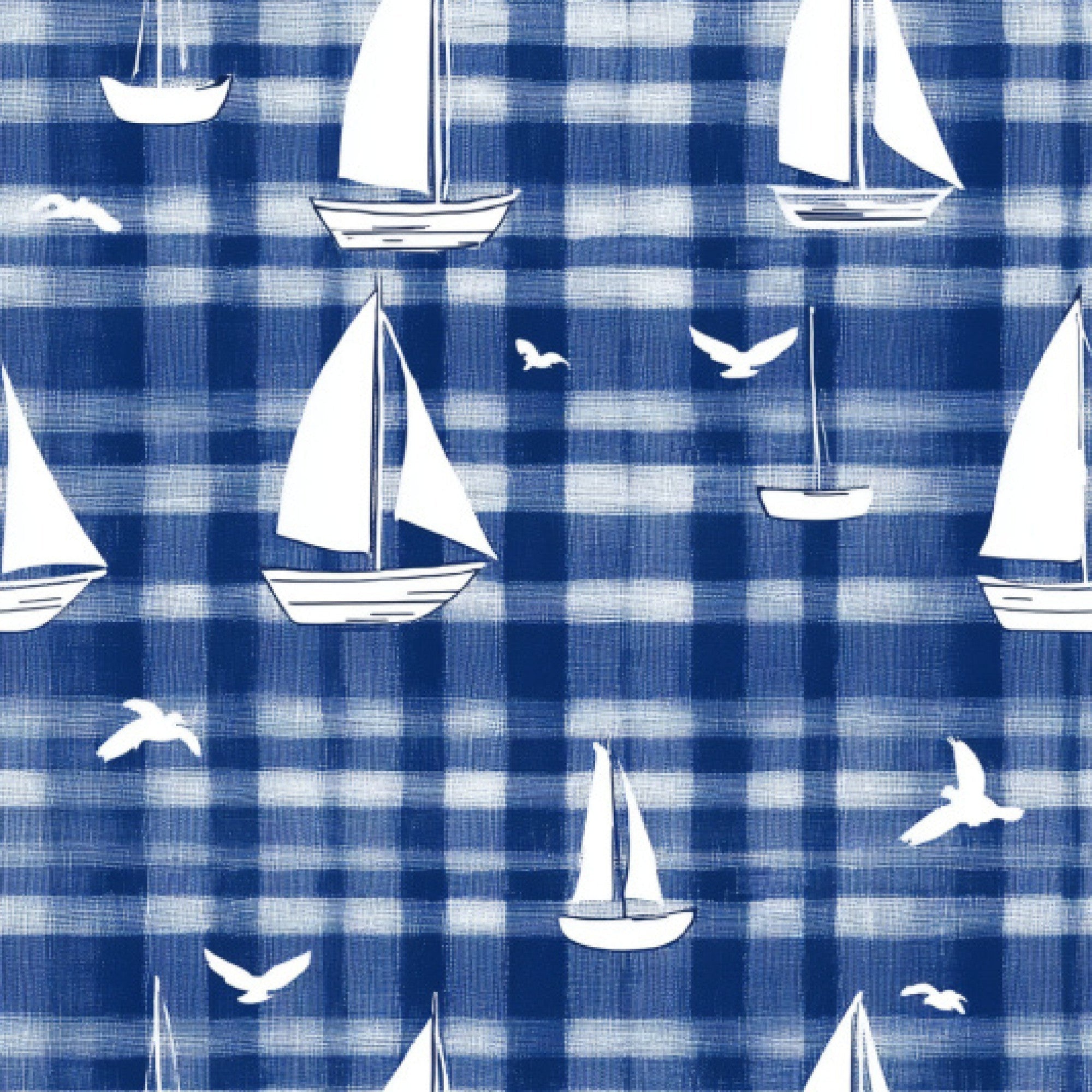blue, white, sailboats, seagulls, nautical, gingham, checkered, ocean, maritime, sailing, boats, birds, coastal, fabric panel,, sea theme, marine life, sailing vessels, plaid background, nautical motifs