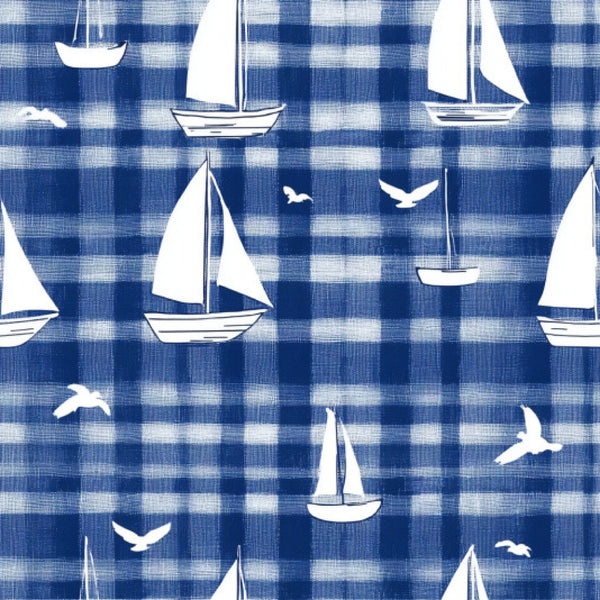 blue, white, sailboats, seagulls, nautical, gingham, checkered, ocean, maritime, sailing, boats, birds, coastal, fabric panel,, sea theme, marine life, sailing vessels, plaid background, nautical motifs