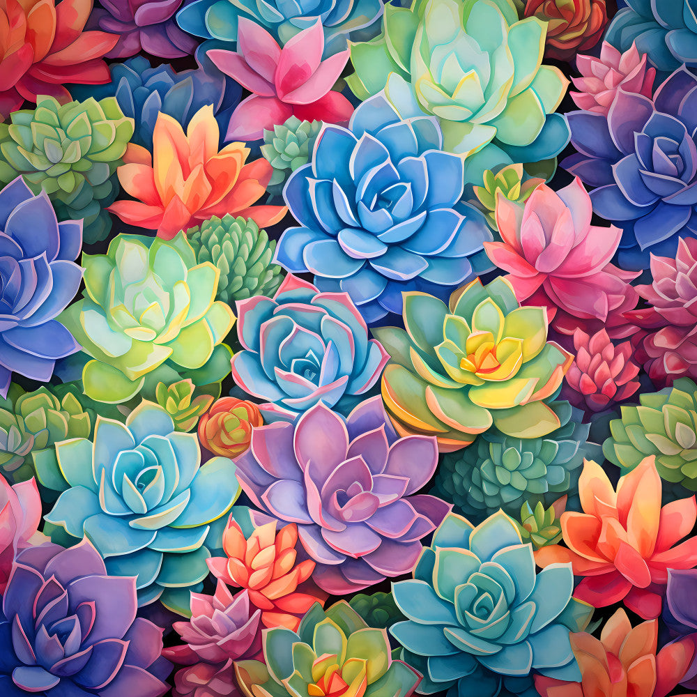 succulent, floral, multicolor, rainbow, vibrant, coral pink, sky blue, sage green, purple, yellow, orange, layered petals, botanical, nature, whimsical, modern, colorful, spring, summer, garden, artistic, painterly, bright, cheerful, playroom, kids room, nursery, decorative, detailed, dimensional