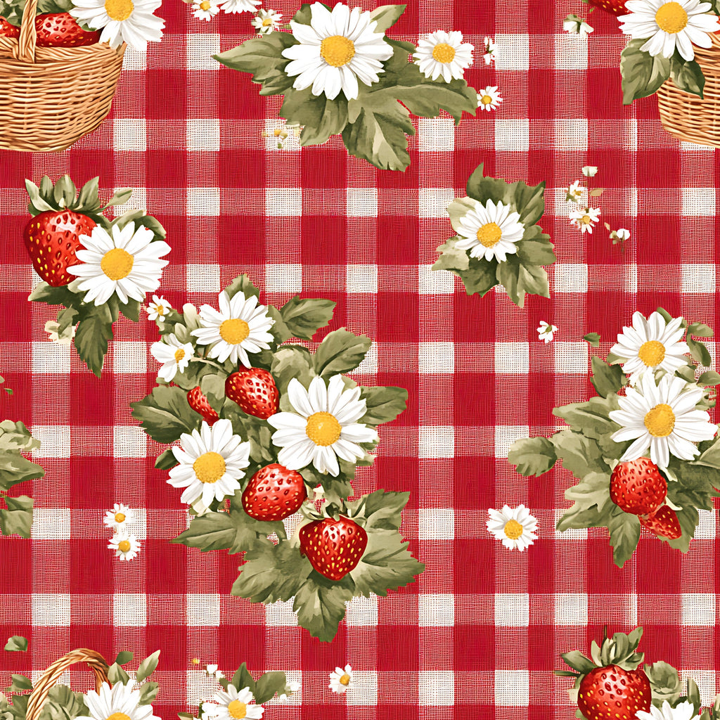 red gingham, white checkered, strawberries, daisies, wicker baskets, picnic theme, summer vibes, cottage core,, fabric panel, floral motifs, fruit pattern, country style, cheerful design, pastoral scene, botanical elements, vintage inspired, rustic charm