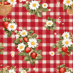 red gingham, white checkered, strawberries, daisies, wicker baskets, picnic theme, summer vibes, cottage core,, fabric panel, floral motifs, fruit pattern, country style, cheerful design, pastoral scene, botanical elements, vintage inspired, rustic charm