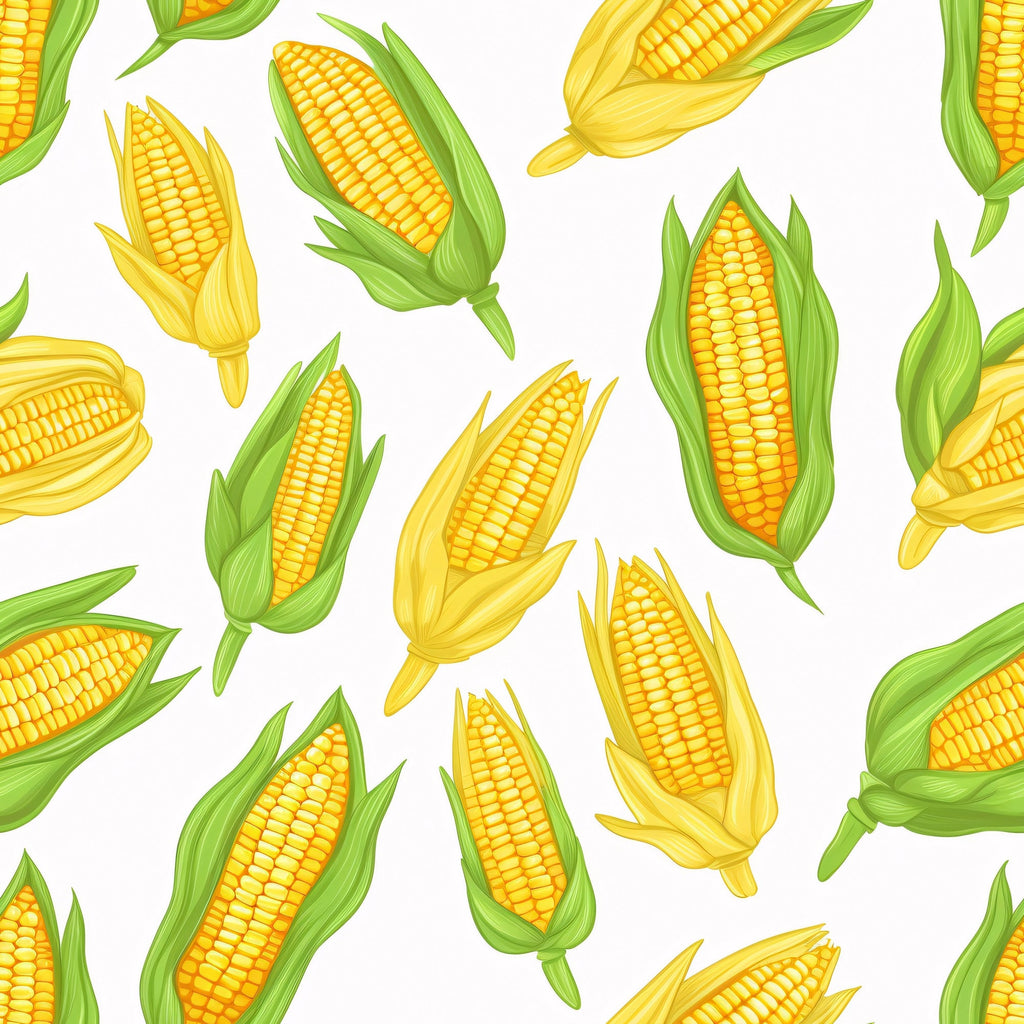 yellow corn, golden kernels, green husks, corn cobs, vegetable pattern, harvest theme, farm produce, autumn motifs, scattered design, bright yellow, lime green,, fabric panel, food illustration, agricultural design, realistic style, cheerful mood, kitchen theme, cooking motifs, summer harvest