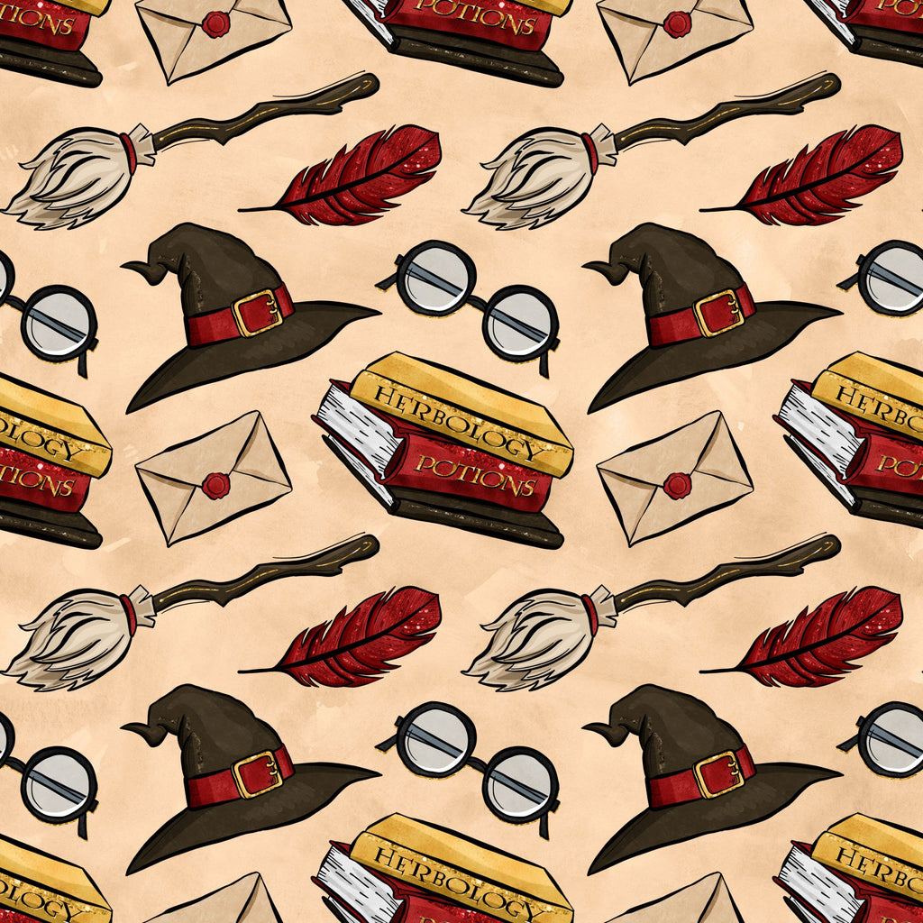 beige background, wizard hat, round glasses, red feather, broomstick, potion books, herbology, envelope, wax seal, magical items, repeating pattern, cartoon style, fantasy theme,, fabric panel, witch hat, spell books, magic school, whimsical design, brown hat