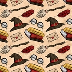 beige background, wizard hat, round glasses, red feather, broomstick, potion books, herbology, envelope, wax seal, magical items, repeating pattern, cartoon style, fantasy theme,, fabric panel, witch hat, spell books, magic school, whimsical design, brown hat