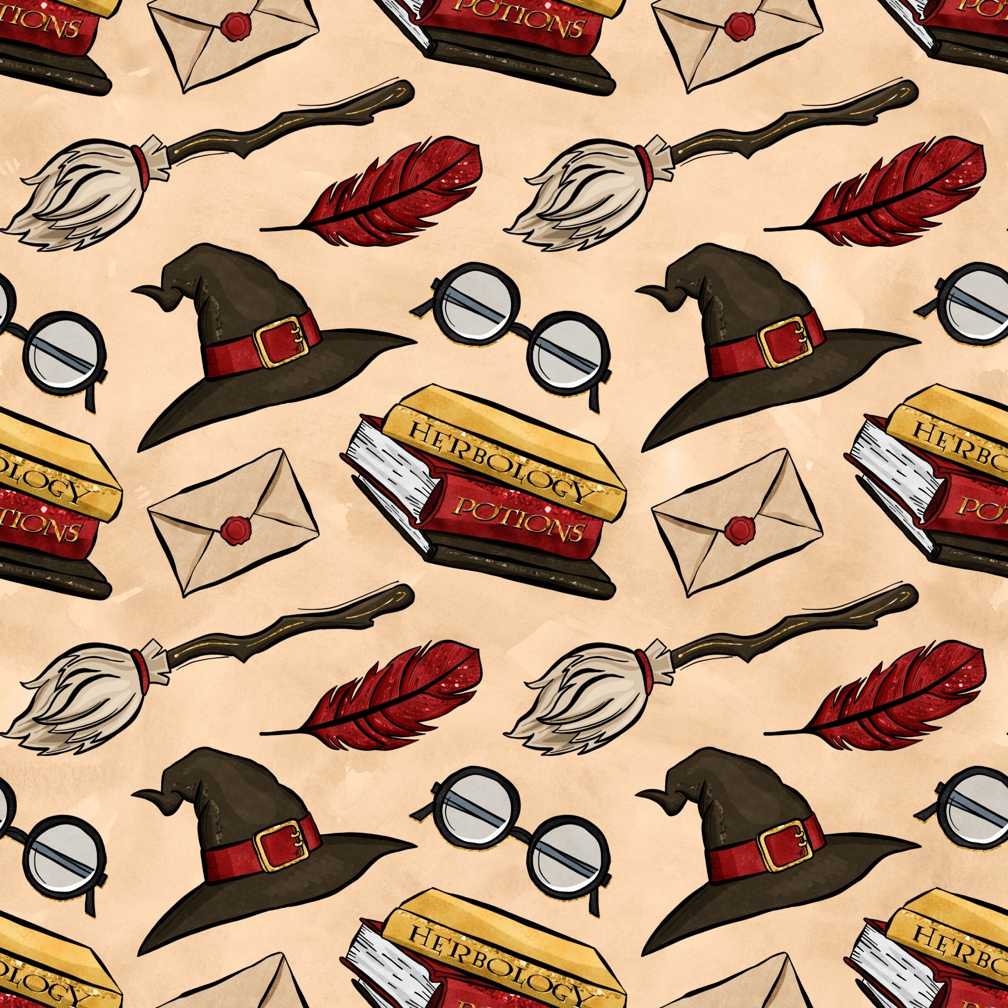 beige background, wizard hat, round glasses, red feather, broomstick, potion books, herbology, envelope, wax seal, magical items, repeating pattern, cartoon style, fantasy theme,, fabric panel, witch hat, spell books, magic school, whimsical design, brown hat