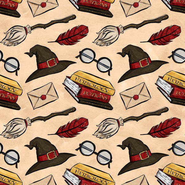 beige background, wizard hat, round glasses, red feather, broomstick, potion books, herbology, envelope, wax seal, magical items, repeating pattern, cartoon style, fantasy theme,, fabric panel, witch hat, spell books, magic school, whimsical design, brown hat