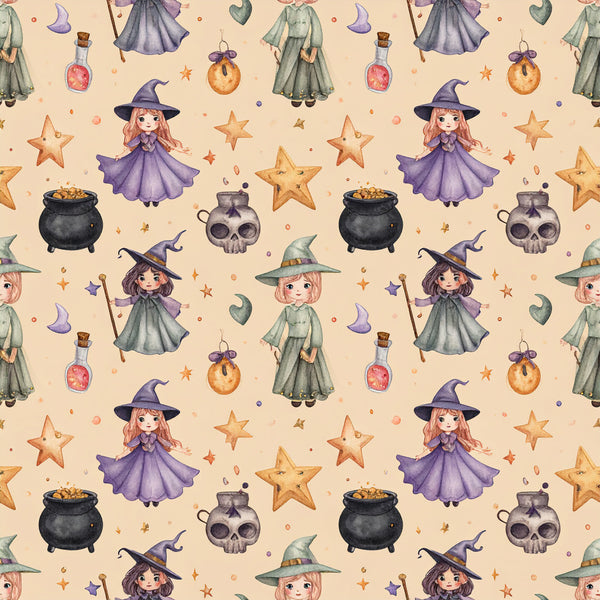 purple witch, witches, magical, whimsical, stars, moons, potion bottles, cauldrons, witch hats, spell casting, mystical, fantasy, children's, kids room, playroom, cream background, beige, gold stars, purple robes, green robes, halloween, enchanted, fairy tale, storybook, cute characters, skull motifs, vintage magic, celestial theme, costume inspired