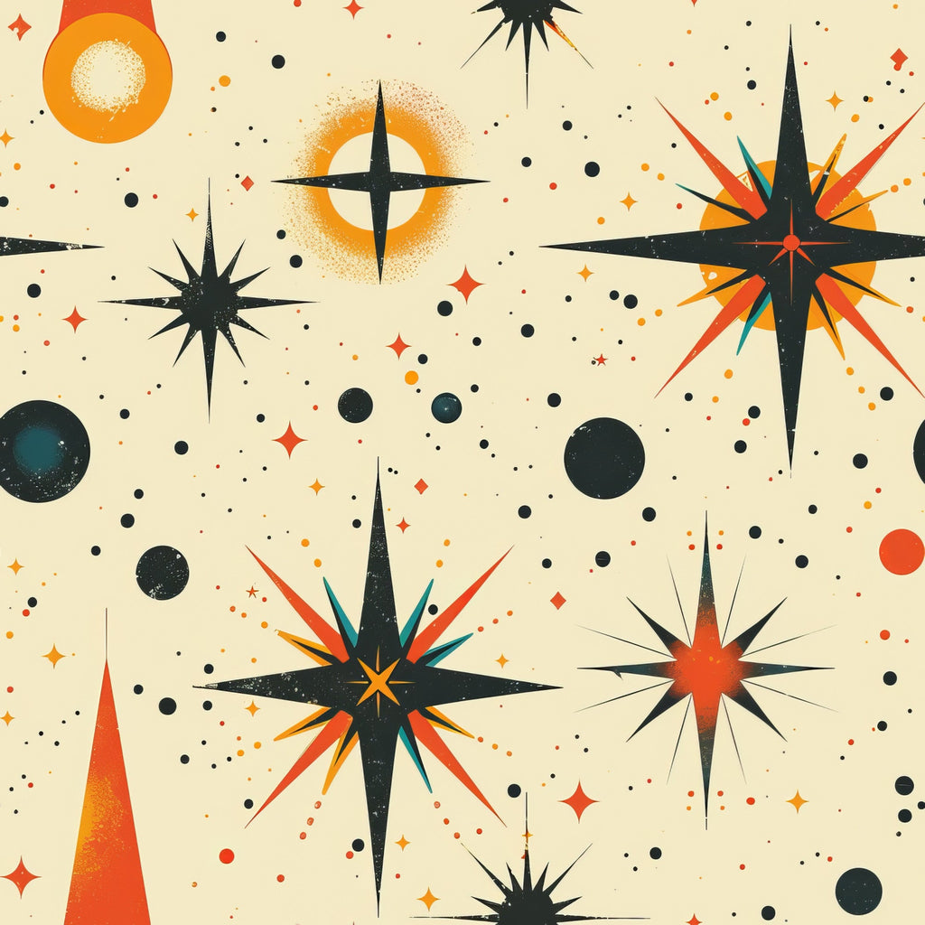 starburst pattern, retro design, mid-century modern, atomic age, space theme, celestial motifs, orange, teal, black, cream, beige, red, geometric shapes, radiating lines, circles, dots, stars, cosmic design,, fabric panel, vintage style, 1950s inspired