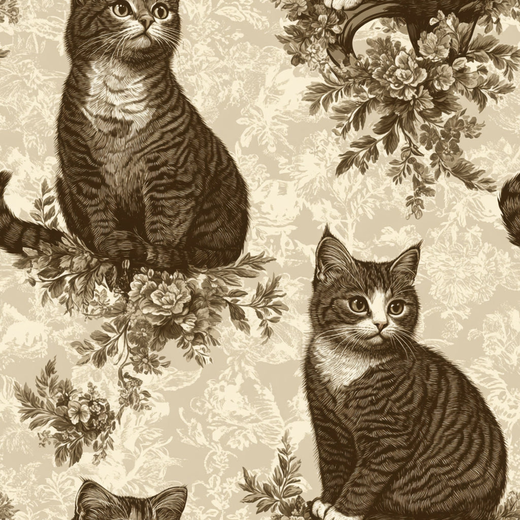 sepia, brown, beige, cream, vintage cats, tabby cats, floral motifs, lace patterns, victorian style, ornate flowers,, fabric panel, feline portraits, botanical elements, antique illustration, monochromatic, decorative florals, sitting cats, etched style, romantic florals