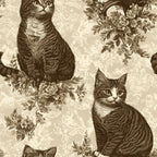 sepia, brown, beige, cream, vintage cats, tabby cats, floral motifs, lace patterns, victorian style, ornate flowers,, fabric panel, feline portraits, botanical elements, antique illustration, monochromatic, decorative florals, sitting cats, etched style, romantic florals