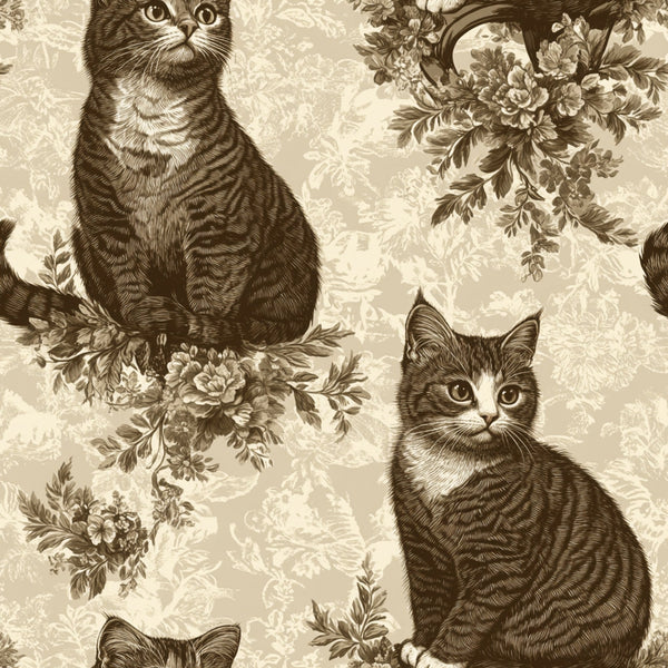 sepia, brown, beige, cream, vintage cats, tabby cats, floral motifs, lace patterns, victorian style, ornate flowers,, fabric panel, feline portraits, botanical elements, antique illustration, monochromatic, decorative florals, sitting cats, etched style, romantic florals