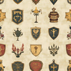 rustic german, medieval shields, heraldic banners, coat of arms, vintage beige, forest green, burgundy red, golden yellow,, fabric panel, medieval motifs, antique style, heraldic emblems, weathered texture, renaissance design, decorative crests, aged parchment, european heritage, shield patterns, ornamental details