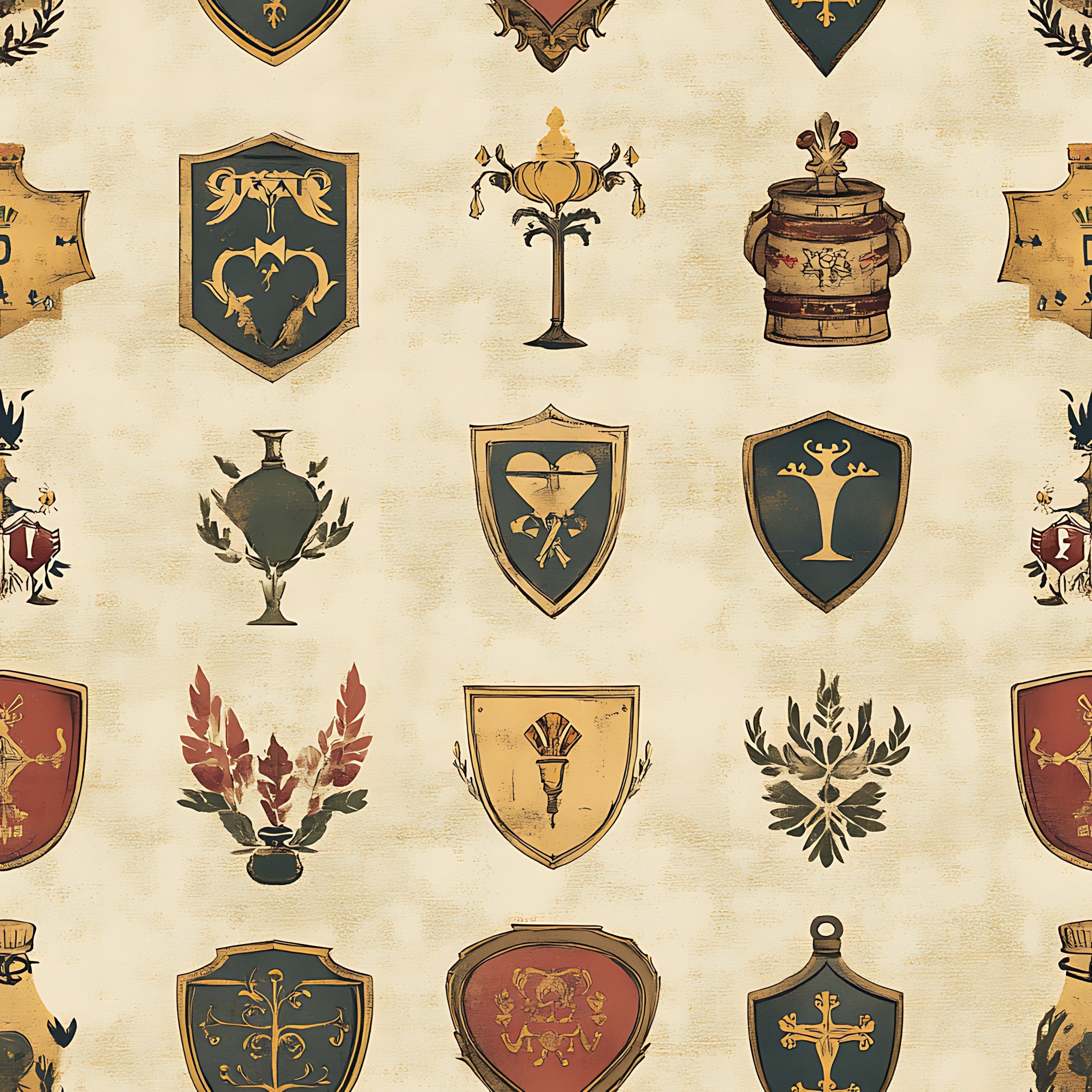 rustic german, medieval shields, heraldic banners, coat of arms, vintage beige, forest green, burgundy red, golden yellow,, fabric panel, medieval motifs, antique style, heraldic emblems, weathered texture, renaissance design, decorative crests, aged parchment, european heritage, shield patterns, ornamental details