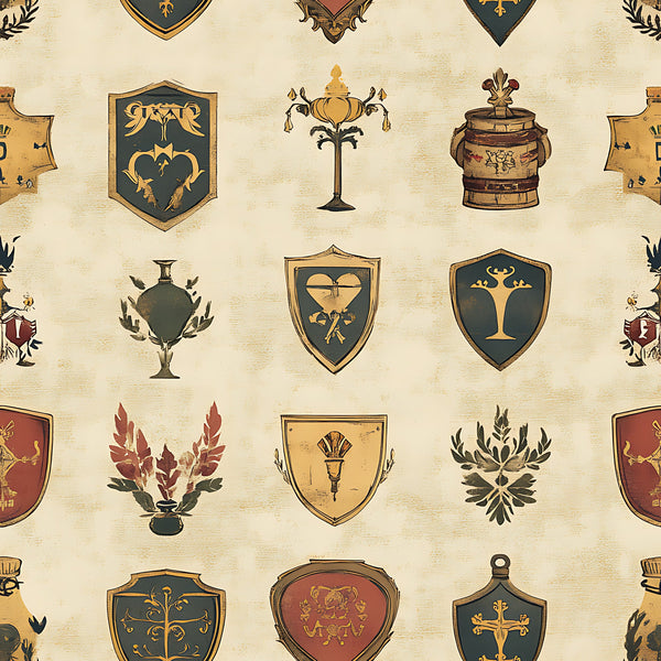rustic german, medieval shields, heraldic banners, coat of arms, vintage beige, forest green, burgundy red, golden yellow,, fabric panel, medieval motifs, antique style, heraldic emblems, weathered texture, renaissance design, decorative crests, aged parchment, european heritage, shield patterns, ornamental details