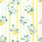 yellow, white, green, sage green, lemon, citrus fruit, floral, flowers, leaves, botanical, stripes, vertical stripes, shabby chic, cottage core, spring, fresh, watercolor style,, fabric panel, repeating pattern