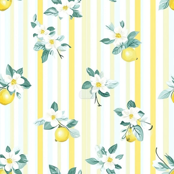 yellow, white, green, sage green, lemon, citrus fruit, floral, flowers, leaves, botanical, stripes, vertical stripes, shabby chic, cottage core, spring, fresh, watercolor style,, fabric panel, repeating pattern