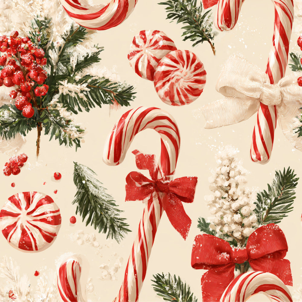 candy cane, peppermint, red and white, cream, ivory, holly berries, evergreen, pinecone, christmas, holiday, festive, vintage, elegant, whimsical, candy, sweets, bows, ribbons, winter berries, snow-dusted, nostalgic, traditional, retro, peppermint swirl, striped candy, holiday décor, seasonal, winter wonderland, classic christmas