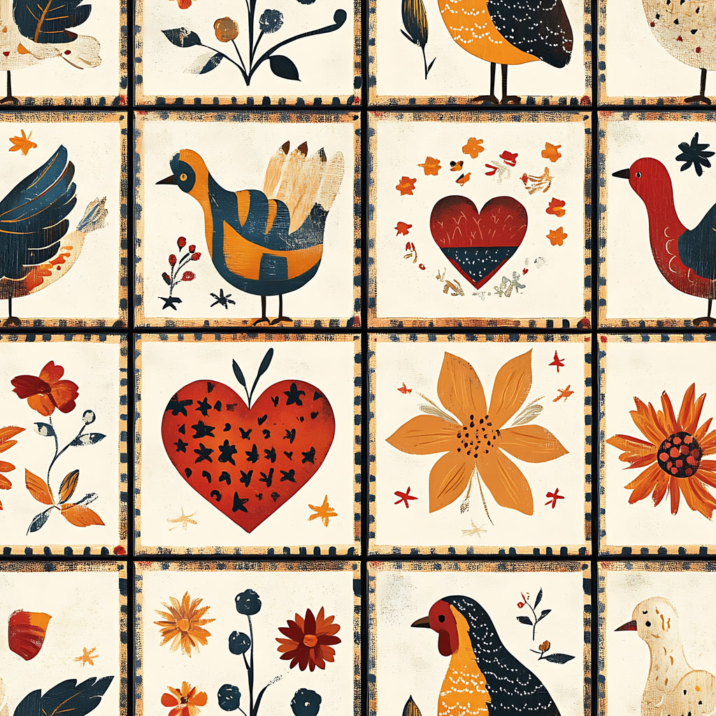 autumn colors, fall theme, birds, hearts, flowers, orange, red, navy blue, cream background, folk art style,, fabric panel, seasonal motifs, floral designs, decorative birds, warm tones, harvest theme, patchwork squares, crafting fabric, thanksgiving colors