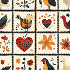 autumn colors, fall theme, birds, hearts, flowers, orange, red, navy blue, cream background, folk art style,, fabric panel, seasonal motifs, floral designs, decorative birds, warm tones, harvest theme, patchwork squares, crafting fabric, thanksgiving colors
