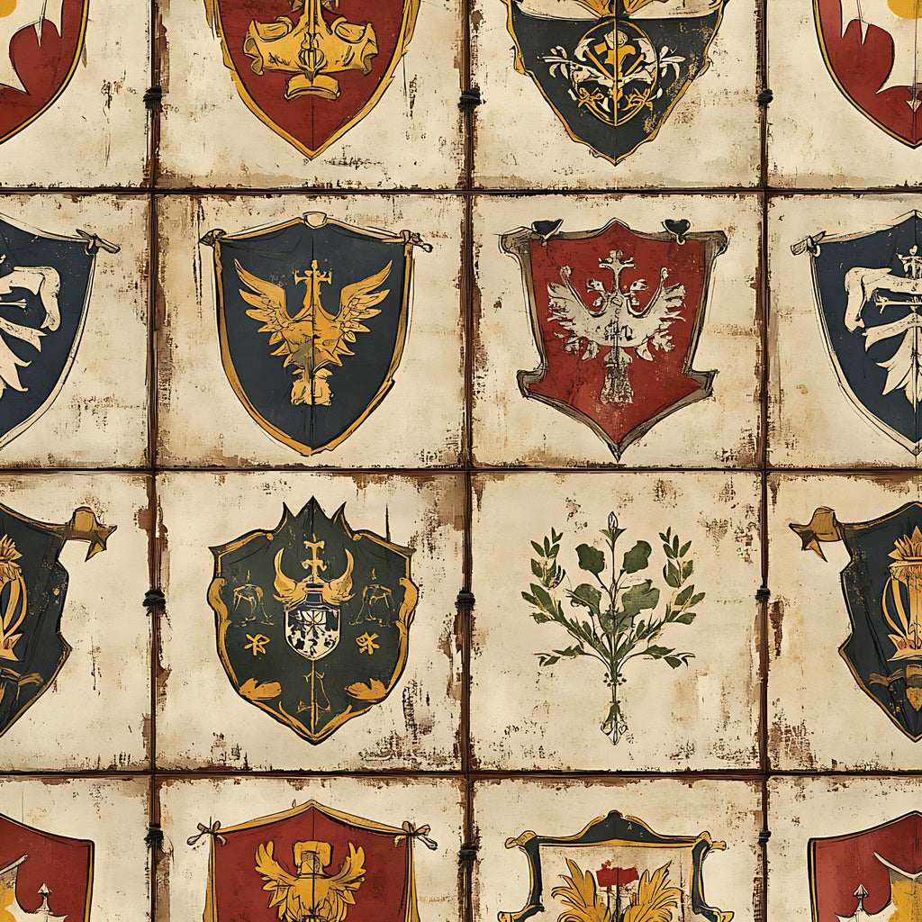 rustic brown, cream beige, dark green, burgundy red, golden yellow, heraldic shields, medieval banners, coat of arms, eagle motifs, botanical elements, weathered texture, vintage distressed,, fabric panel, european inspired, historical design, armorial bearings, aged parchment, decorative crests, renaissance style